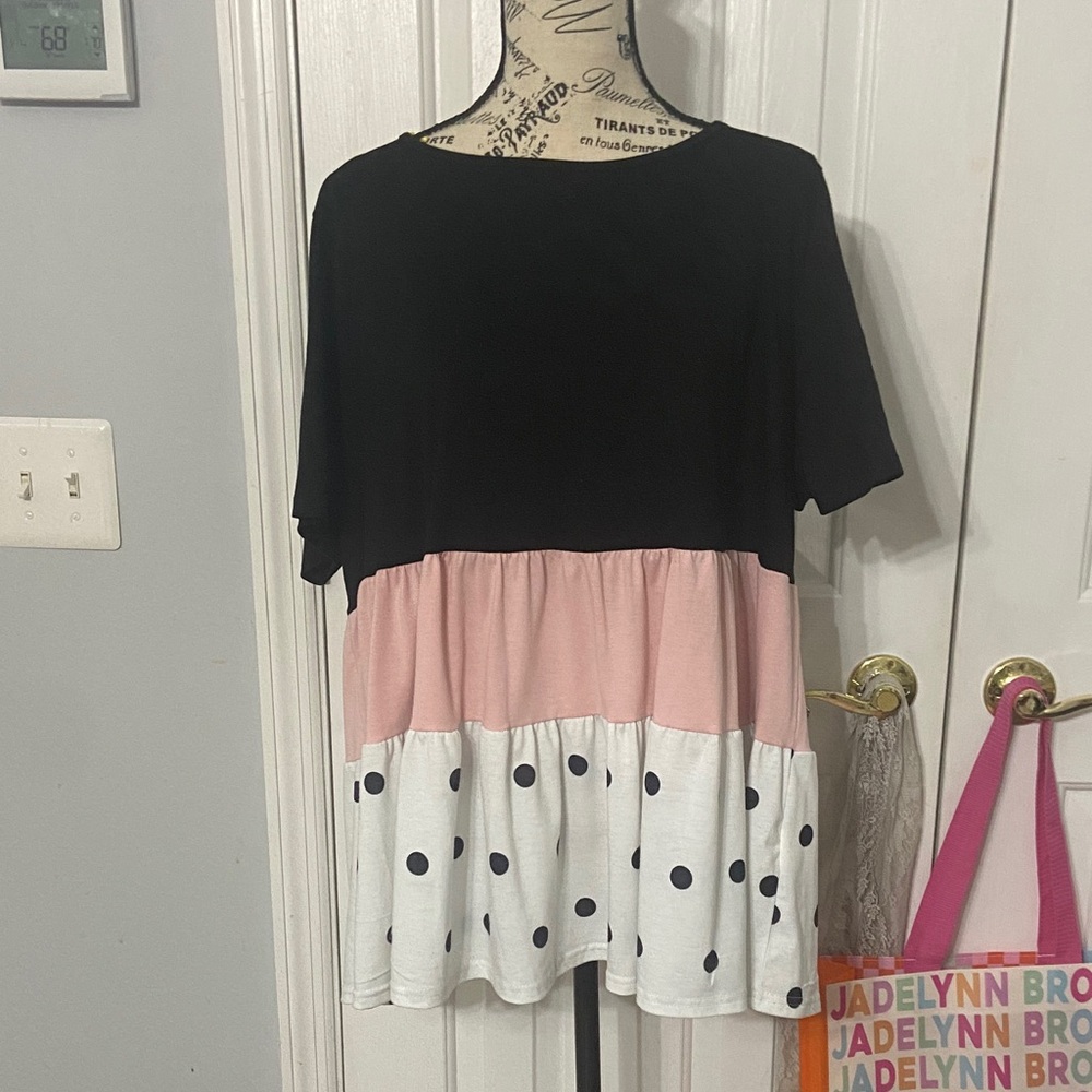 BloomChic Black Pink Polka Dot Colorblock Top